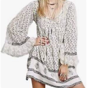 Free People Nomad Child Dress Lace Inset Printed Boho Tassel Ivory Mini Size L